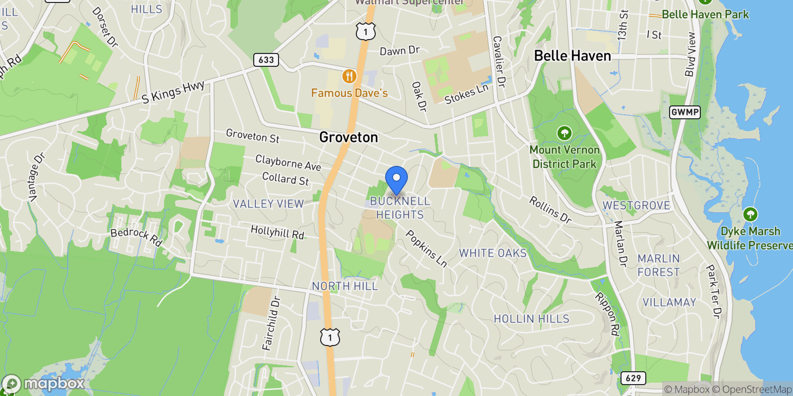 Map showing 2605 Woodlawn Lane , Alexandria, VA 22306, Hybla Valley, Virginia, United States.