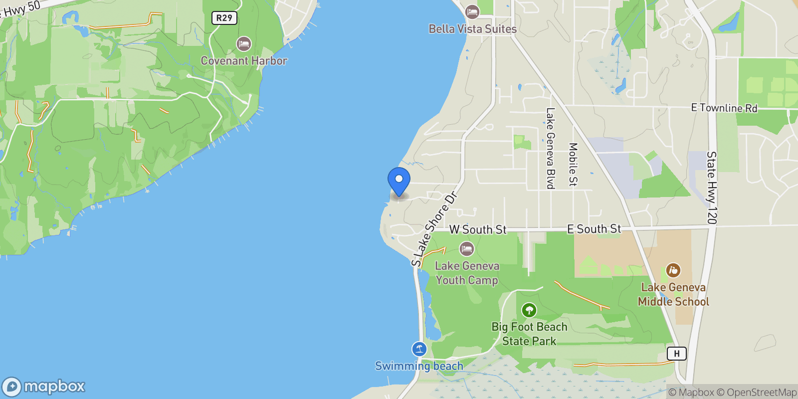 Map showing 630 S. Lake Shore Drive , Lake Geneva, WI 53147, Lake Geneva, Wisconsin, United States.