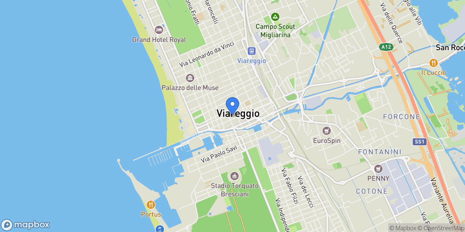 Map showing Viareggio, Tuscany, Italy.