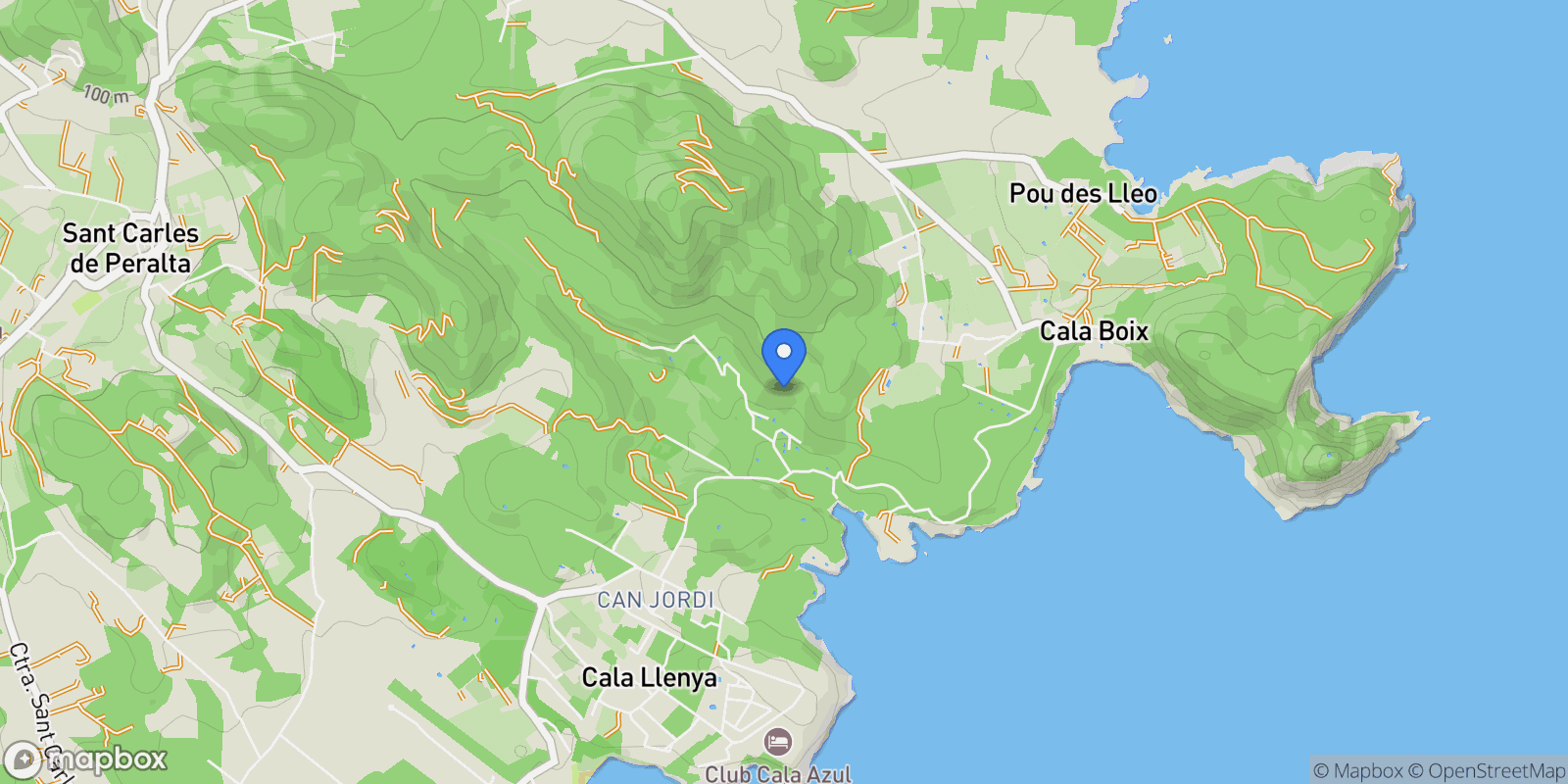Map showing Cala Mastella, Baleares, Cala Mastella, Santa Eularia des Riu, Balearic Islands.
