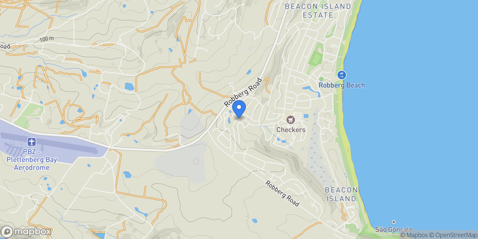 Map showing 13 Whale Rock Beach, Plettenberg Bay, WC 6600, Plettenberg Bay, Western Cape, South Africa.