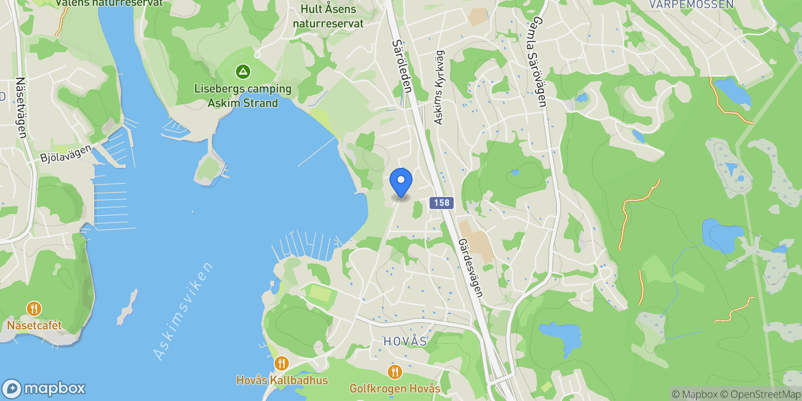 Map showing Hovåsvägen 13, Göteborg, O 43650, Gothenburg, Västra Götaland County, Sweden.