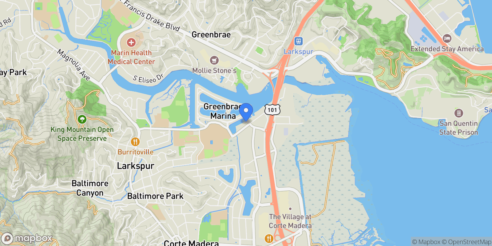 Map showing 72 Lucky Drive, Corte Madera, California, United States.
