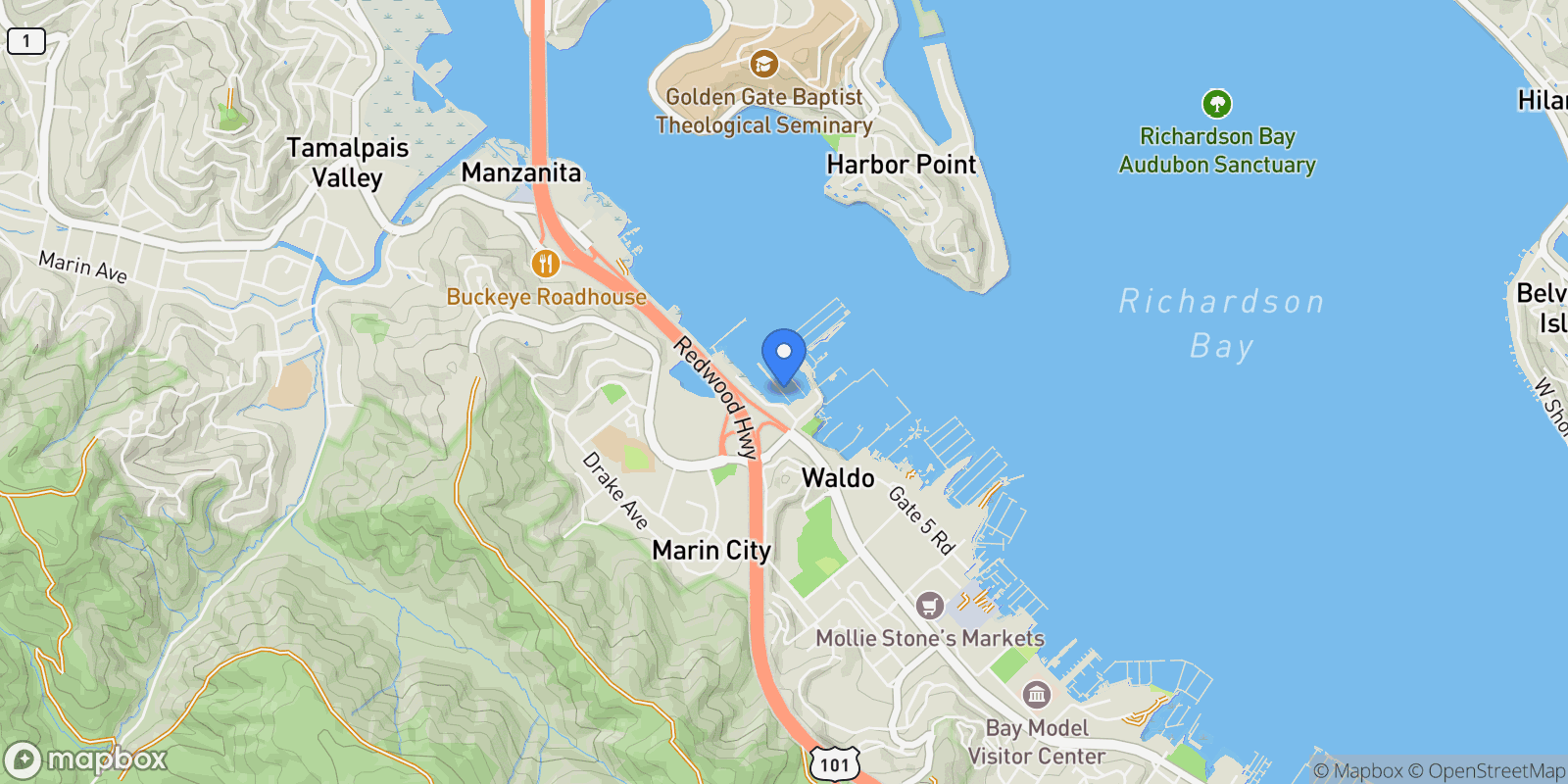 Map showing 7 W Pier, Sausalito, California, United States.
