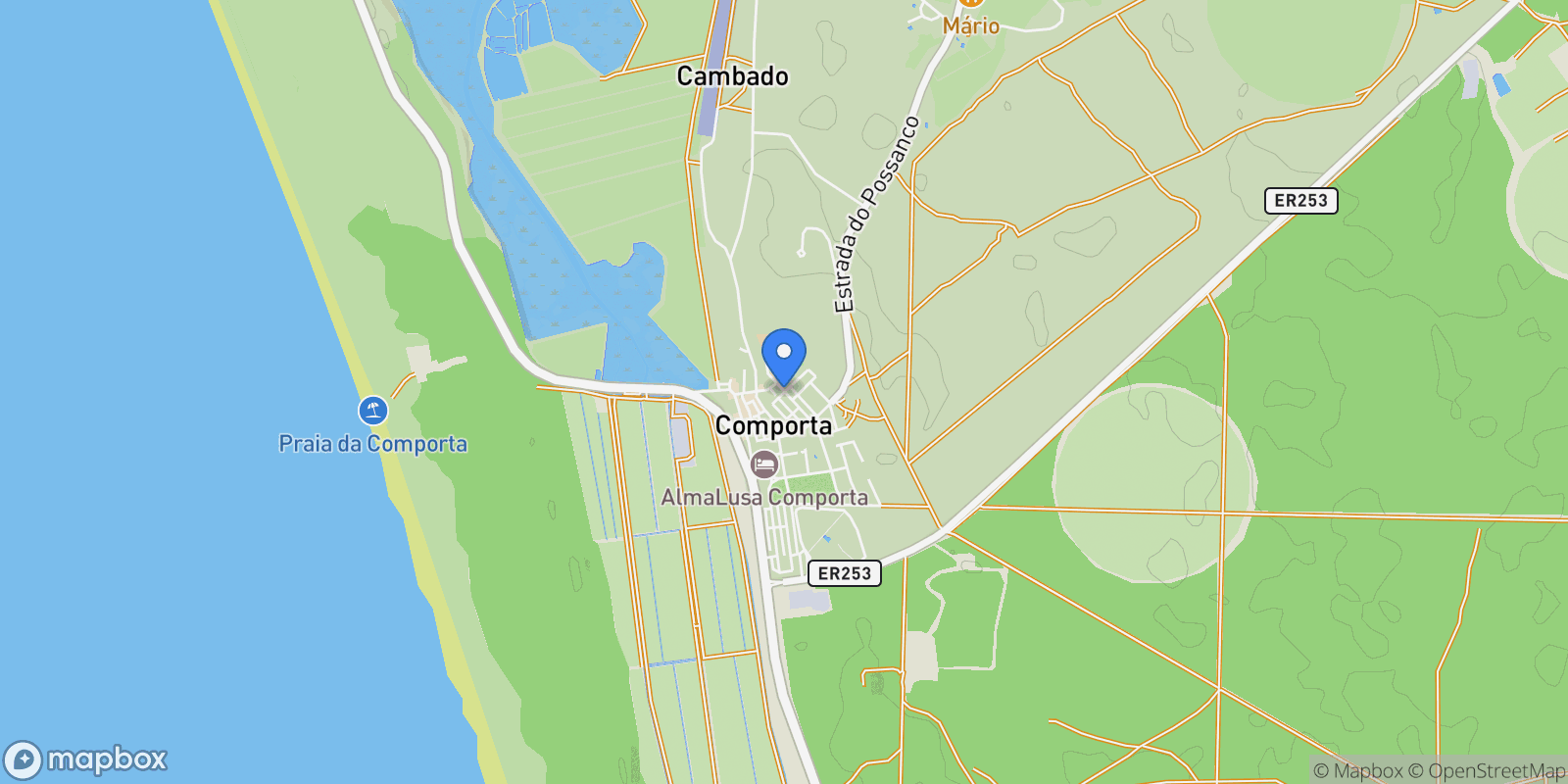Map showing 7580 Comporta, Portugal, Comporta, Setubal, Portugal.