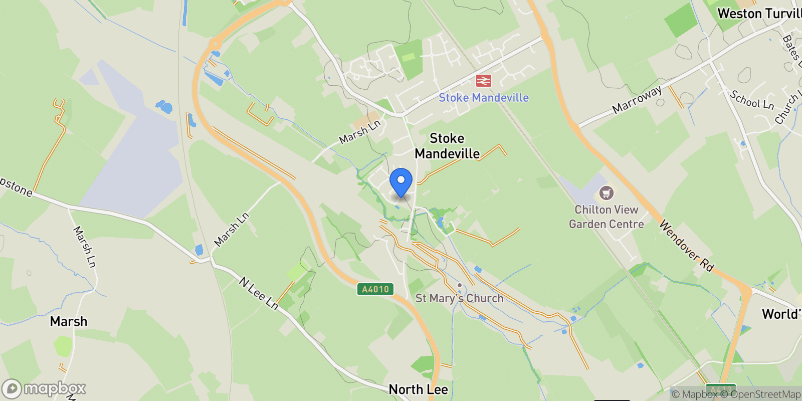 Map showing Thornbrook Close, Risborough Road, Stoke Mandeville, Buckinghamshire, Stoke Mandeville, England, United Kingdom.