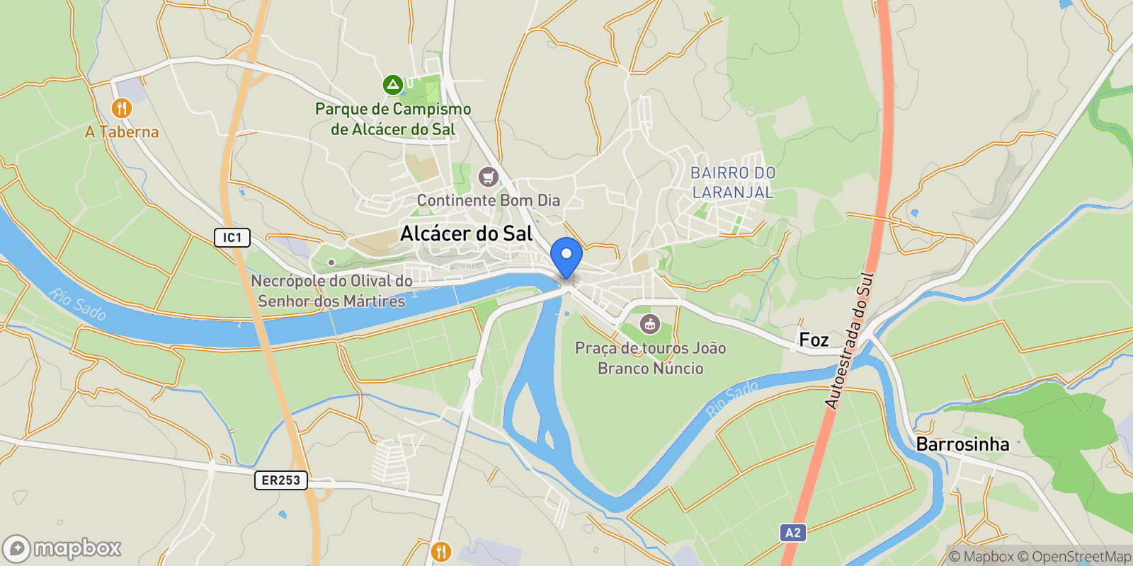 Map showing 7580 Alcácer do Sal, Portugal, Alcacer do Sal, Setubal, Portugal.