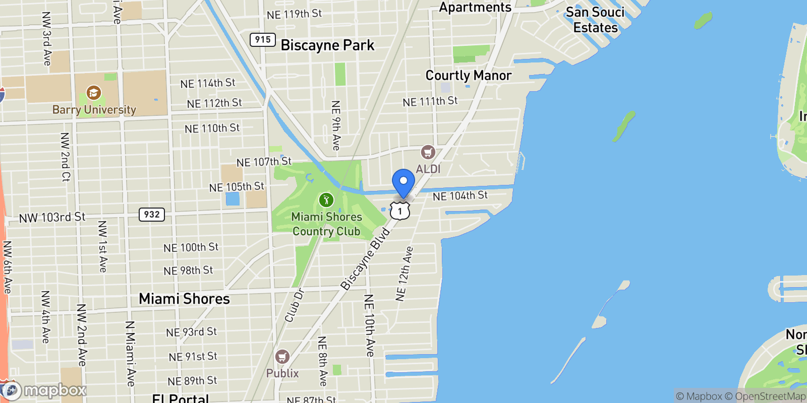 Map showing 1130 NE 104th St, Miami, Florida, United States.