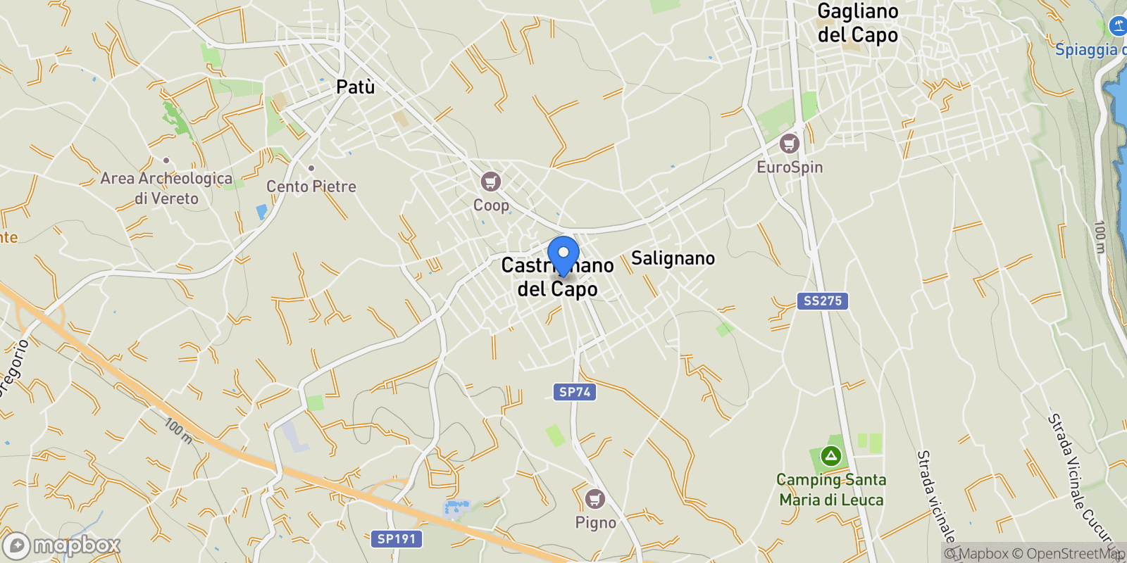 Map showing 73040 Castrignano del Capo, Province of Lecce, Italy, Castrignano del Capo, Apulia, Italy.
