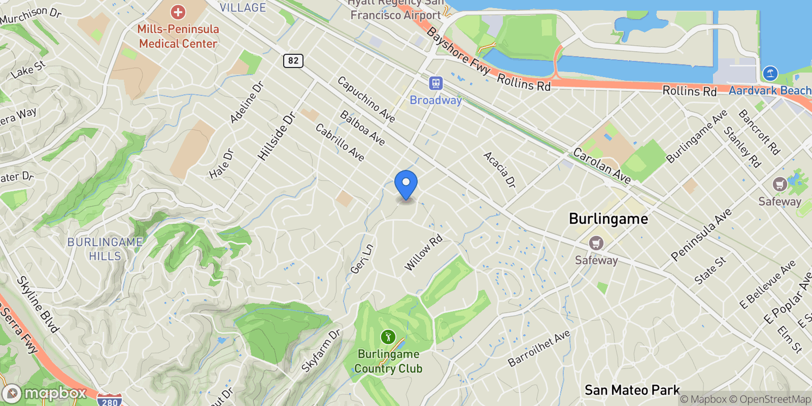 Map showing 1735 Crockett Lane, Burlingame, California, United States.