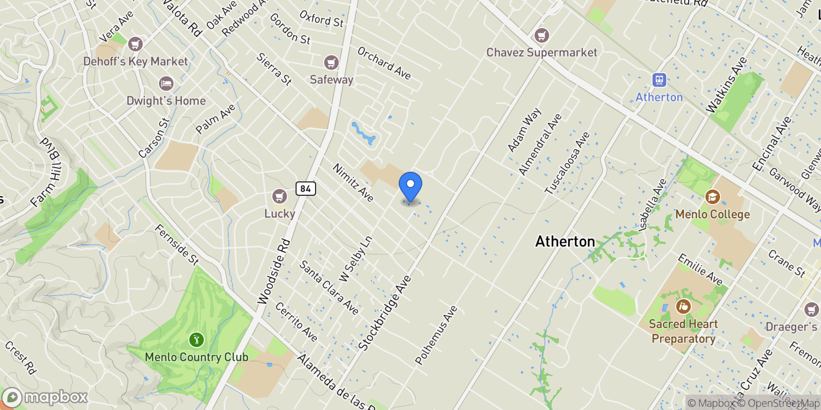 Map showing 243 Selby Lane, Atherton, California, United States.