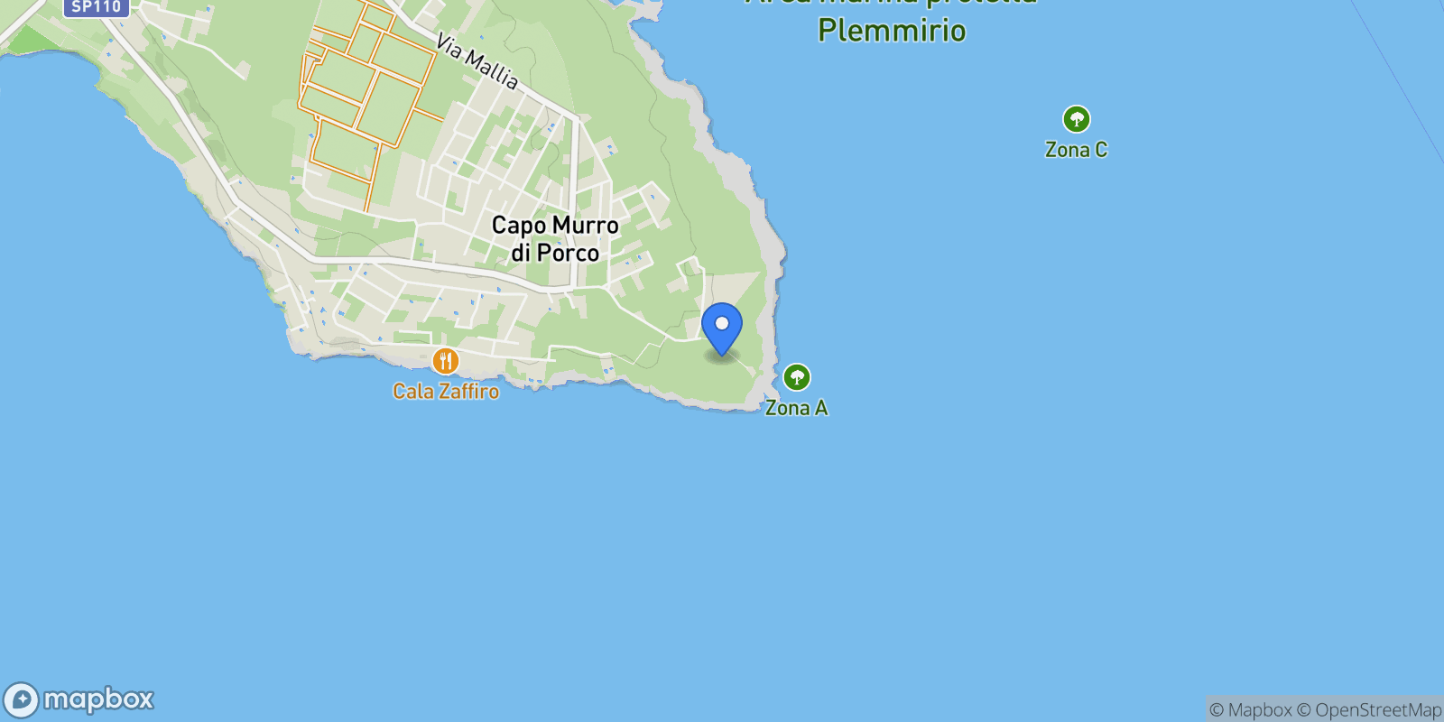 Map showing strada capo murro di porco, Syracuse, Sicily, Italy.