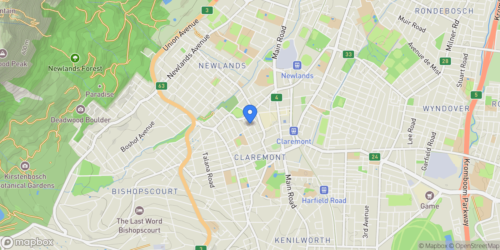 Map showing 1 Memel Road Claremont Upper, Cape Town, WC, Cape Town, Western Cape, South Africa.