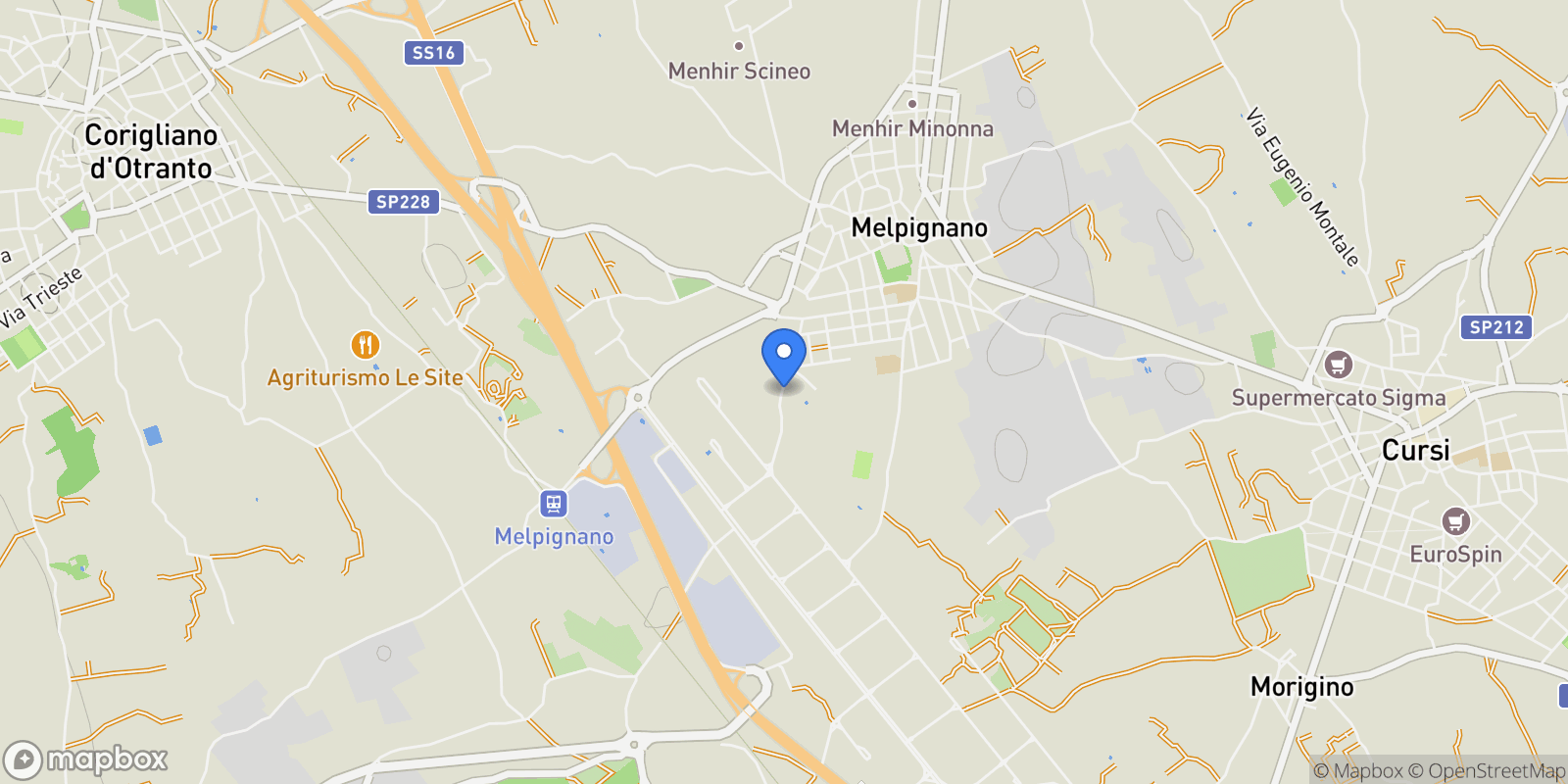 Map showing Melpignano Via Salento, Melpignano, Apulia, Italy.