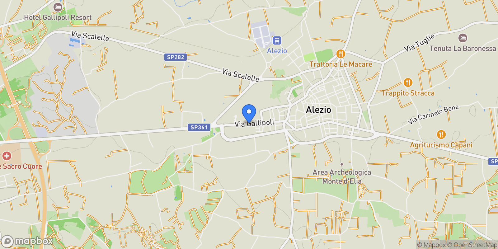 Map showing Alezio Via Gallipoli, Alezio, Apulia, Italy.