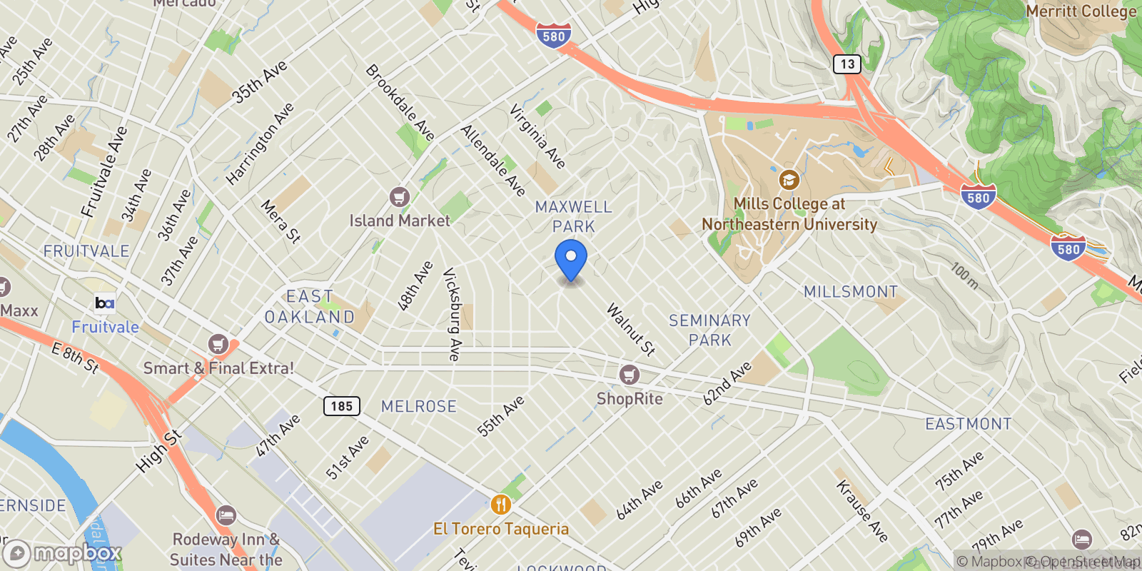 Map showing 2622 Kingsland Ave, Oakland, California, United States.