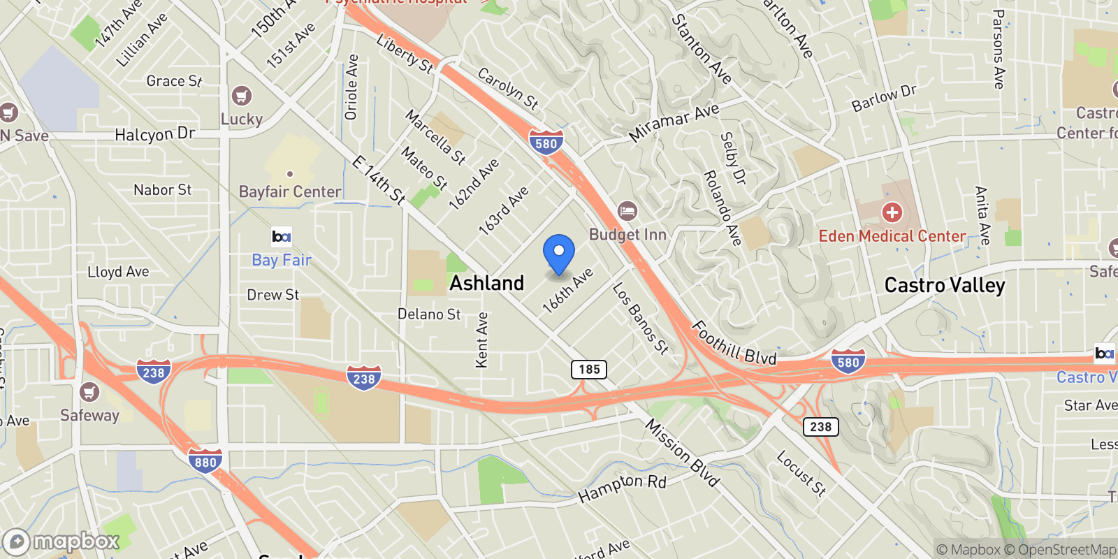 Map showing 1510 165Th Ave, San Leandro, California, United States.