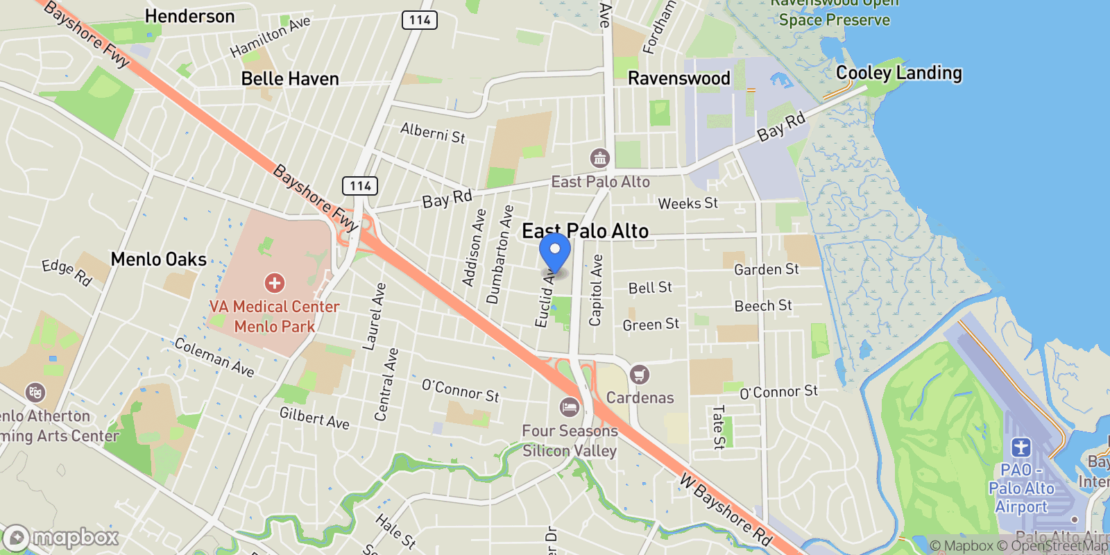 Map showing 2232 Euclid Avenue, East Palo Alto, California, United States.
