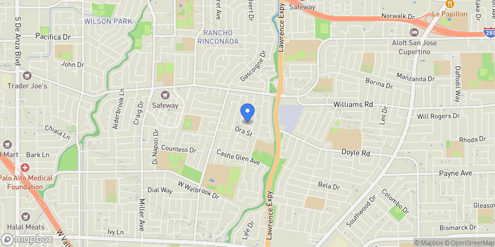 Map showing 1078 Oaktree Dr, San Jose, CA 95129, San Jose, California, United States.