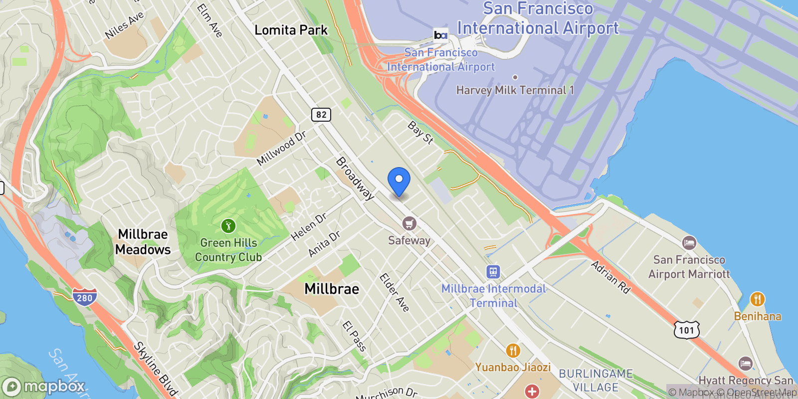 Map showing 840 El Camino Real, Millbrae, California, United States.