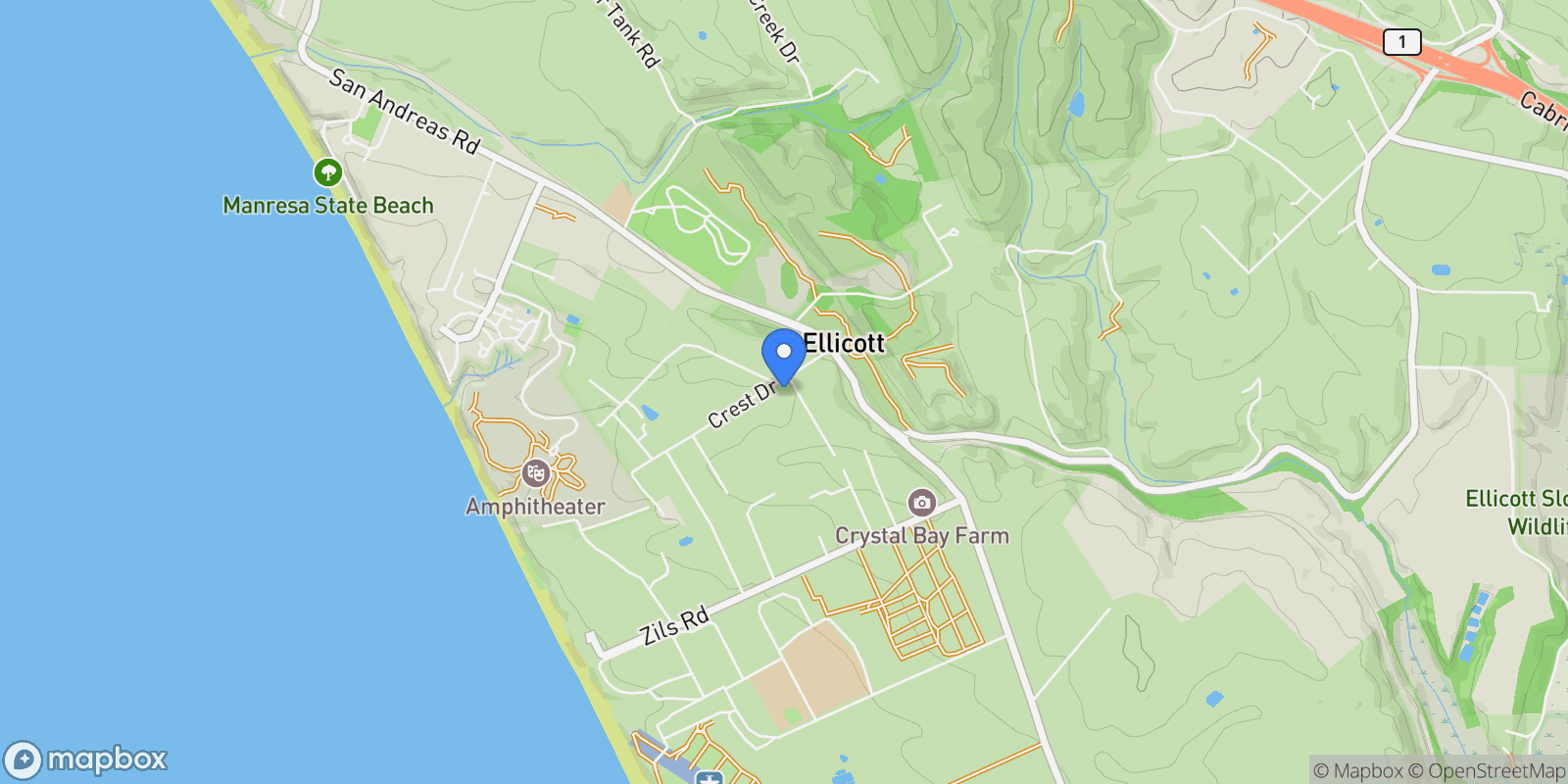 Map showing 21 Crest Lane, Watsonville, California, United States.