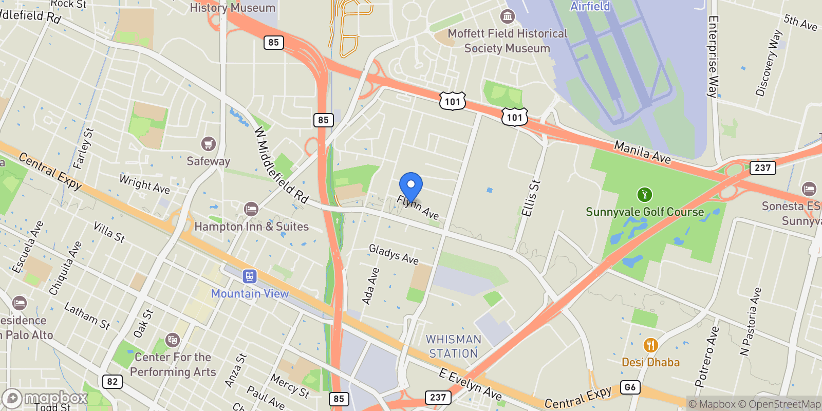 Map showing 139 Flynn Avenue, Mountain View, California, United States.