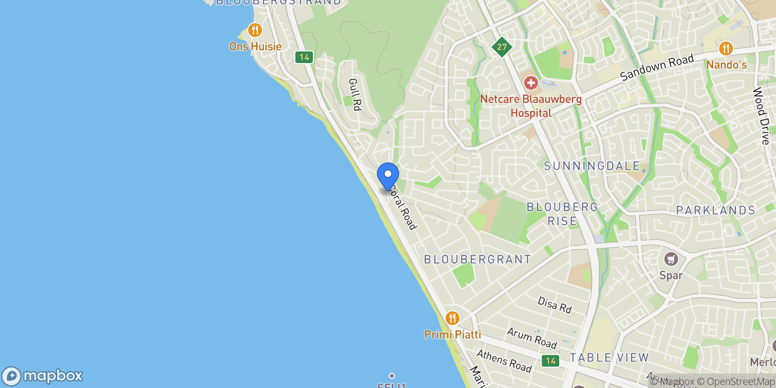 Map showing South Africa, Western Cape, Blouberg, CORAL ROAD, 73 Coral R, Cape Town, Western Cape, South Africa.