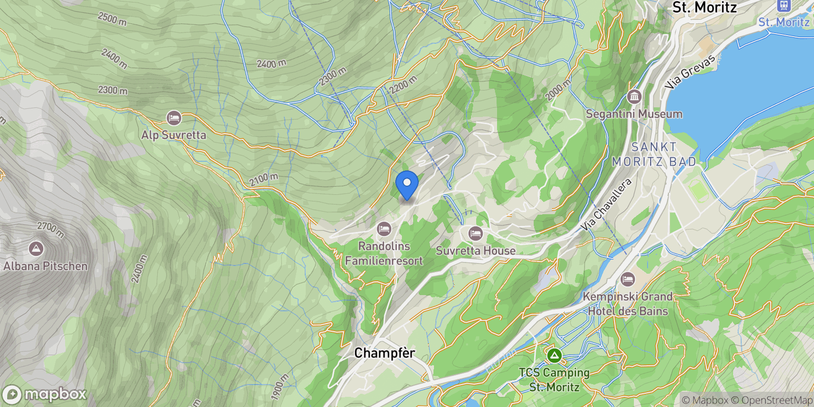 Map showing Chalet Chesa Maurin, Via Marguns 1, Saint Moritz, Saint Moritz, Grisons, Switzerland.