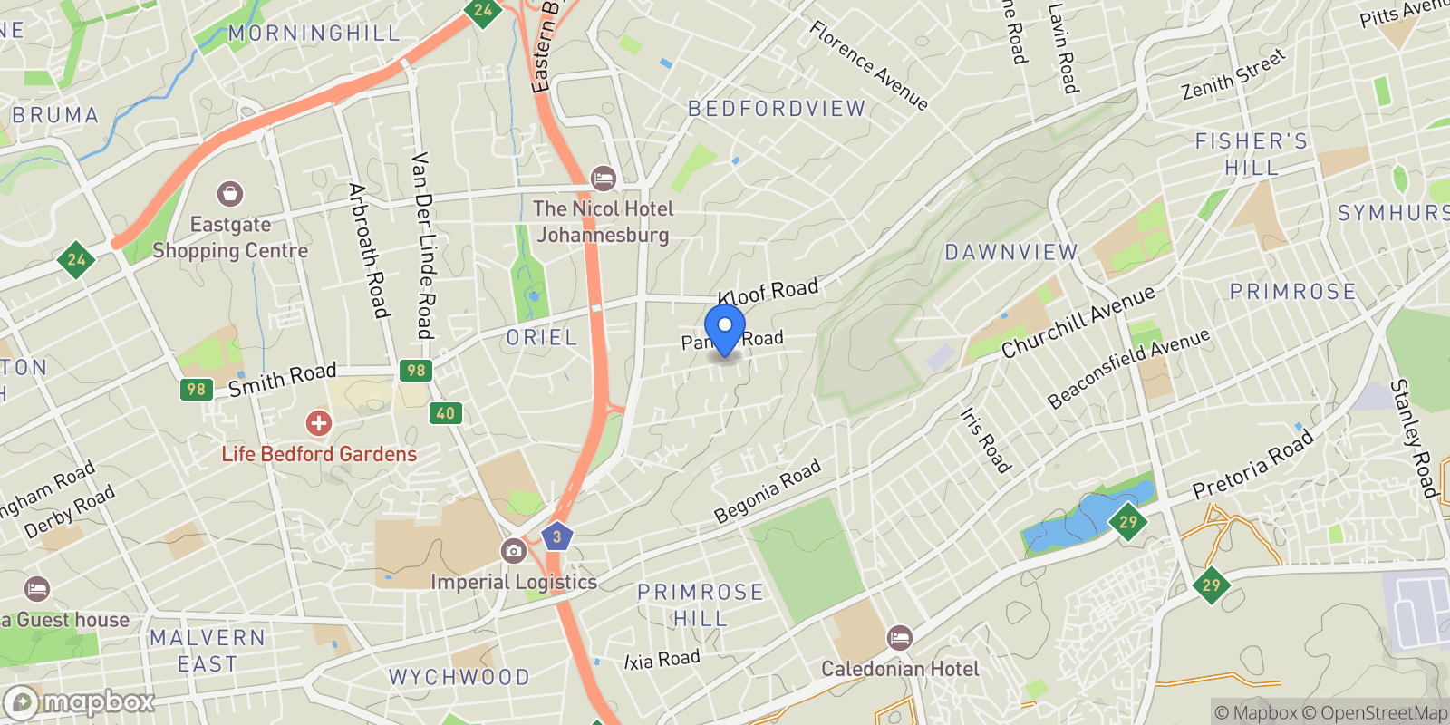 Map showing South Africa, Gauteng, Bedfordview, Norman Road, 999, Germiston, Gauteng, South Africa.