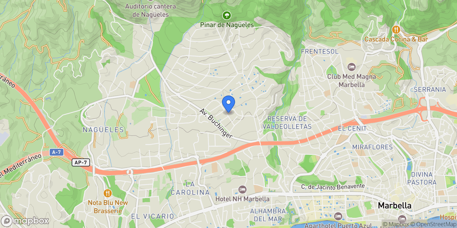 Map showing Altos Reales, Málaga, Sierra Blanca, Marbella, Spain.