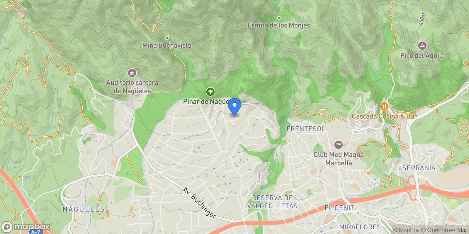 Map showing Cascada de Camojan, Málaga, Sierra Blanca, Marbella, Spain.