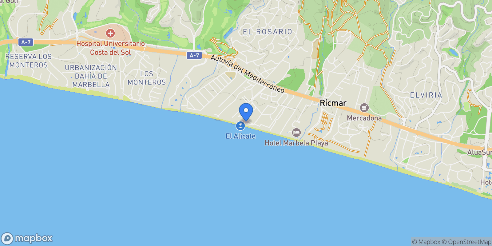 Map showing playa hermosa, Málaga, Marbella, Andalusia, Spain.