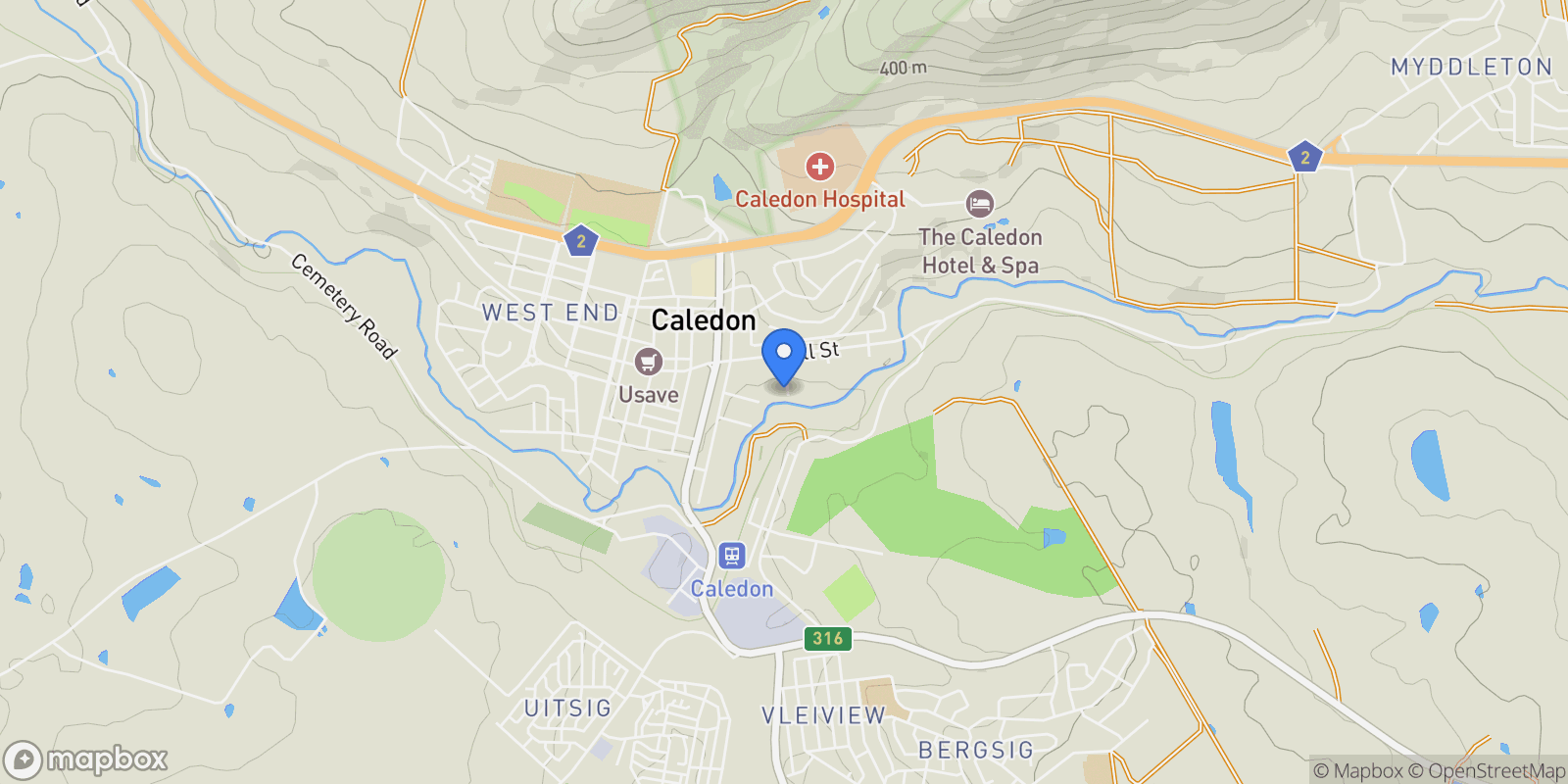 Map showing Caledon, Western Cape, South Africa.