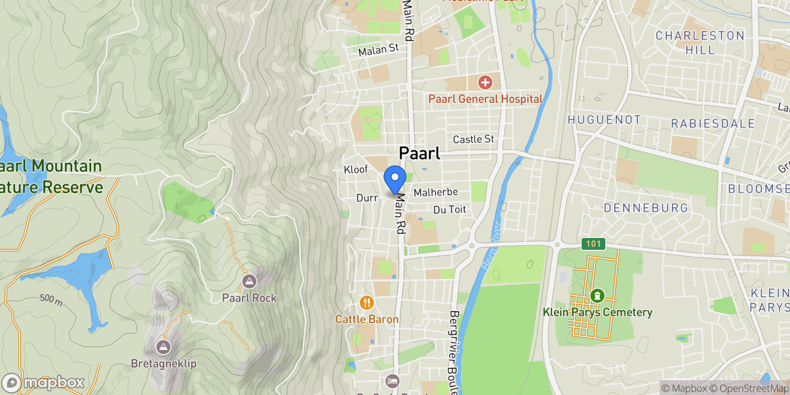 Map showing Paarl, Western Cape, South Africa.