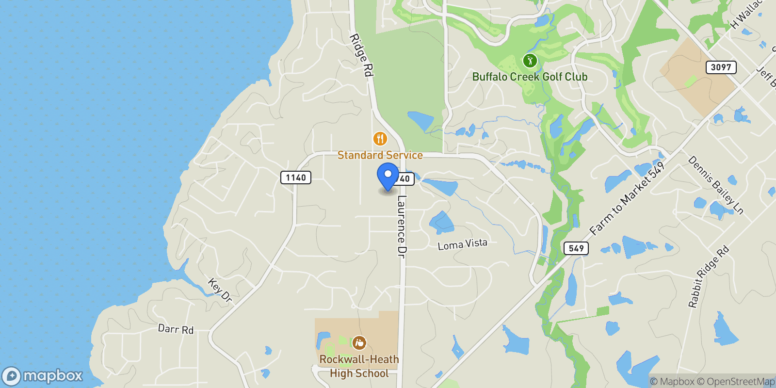 Map showing 1305 Laurence Drive, Heath, TX 75032, Heath, Texas, United States.