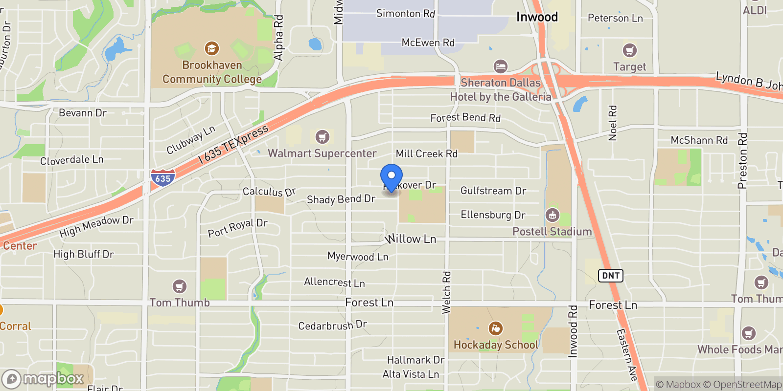 Map showing 4391 Shady Bend Drive, Dallas, TX 75244, Dallas, Texas, United States.