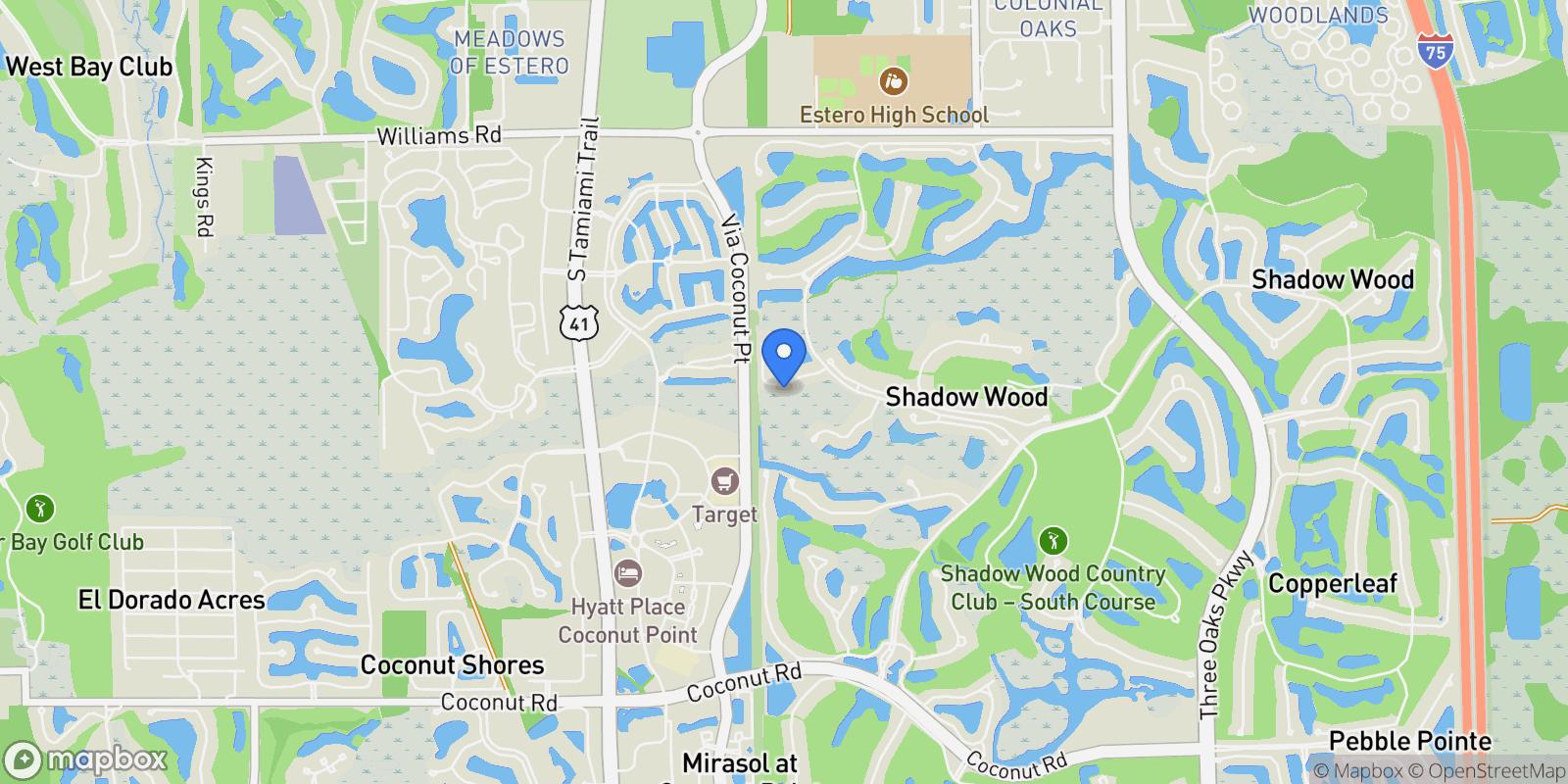 Map showing 9077 Falling Leaf DR, Estero, Florida, United States.
