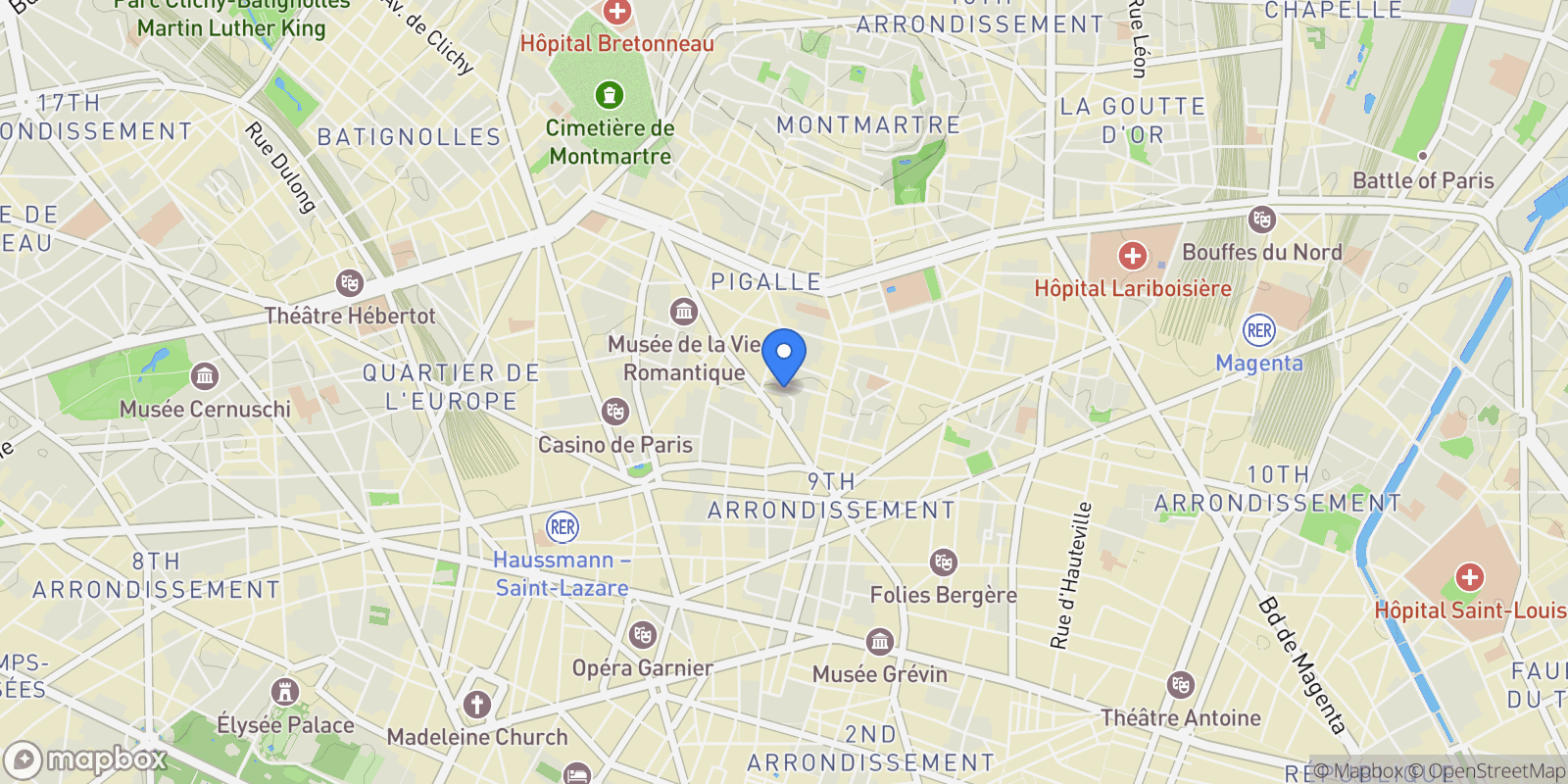 Map showing PARIS, J 75009, Paris, Île-de-France, France.