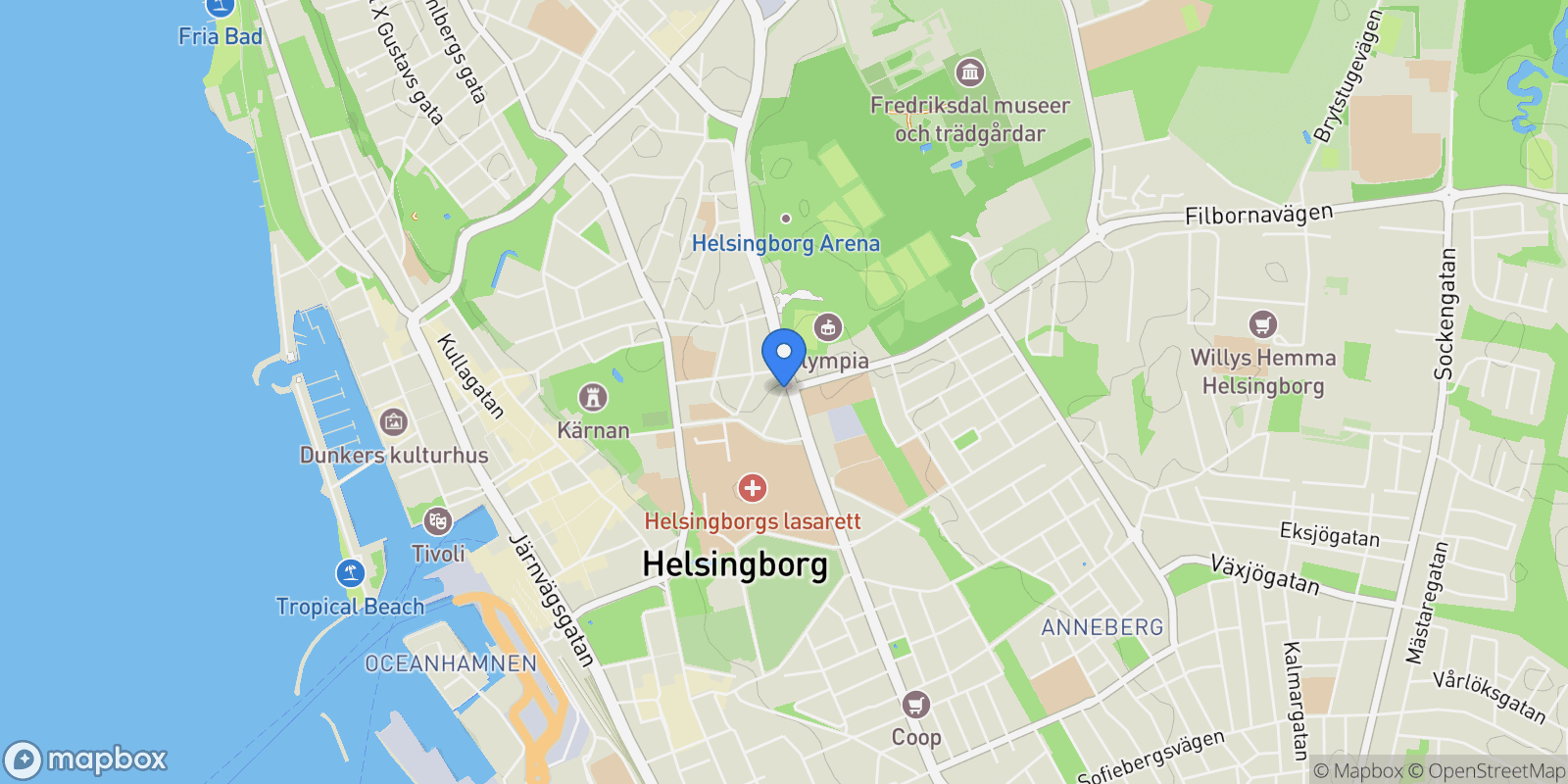 Map showing Olympiavägen 18, Helsingborg, M, Helsingborg, Skåne County, Sweden.
