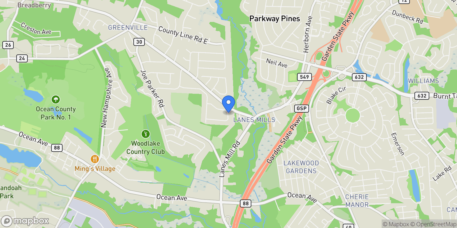 Map showing 1575 Alamitos Drive, Lakewood, NJ 08701, Lakewood Township, New Jersey, United States.