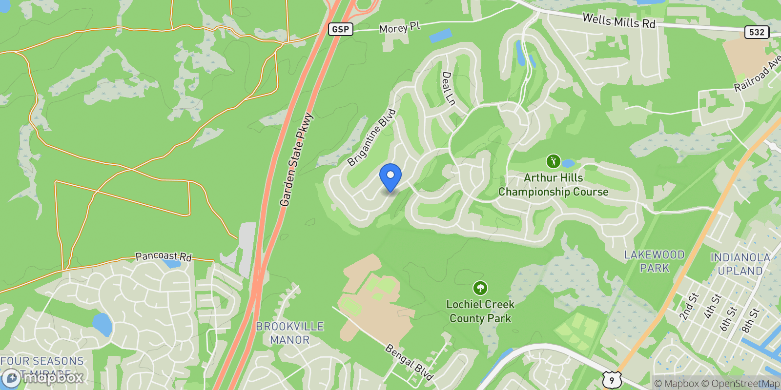 Map showing 47 Brigantine Boulevard, Waretown, NJ 08758, Ocean Township, New Jersey, United States.