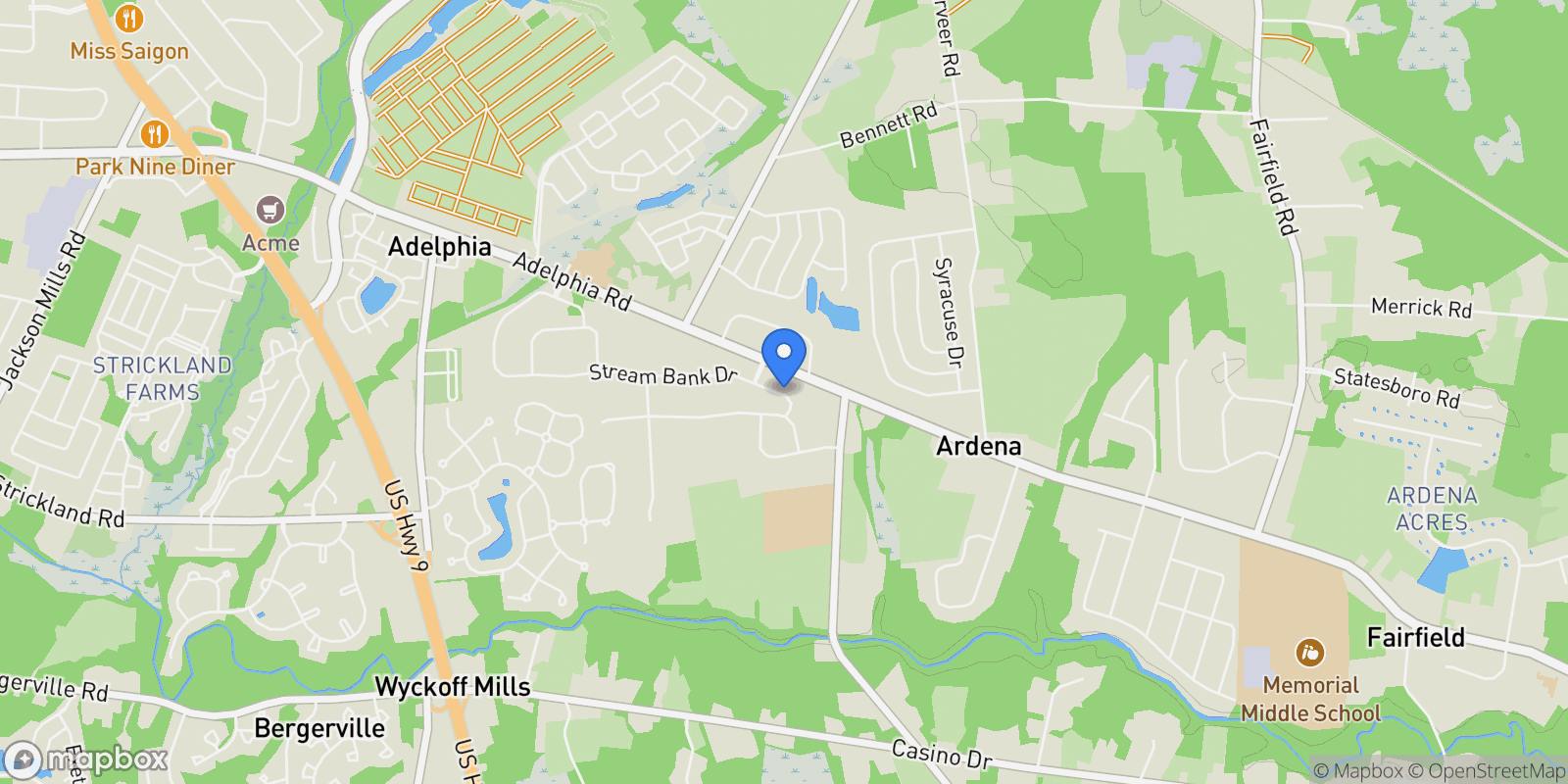 Map showing 82 Stream Bank Drive, Freehold, NJ 07728, Freehold Township, New Jersey, United States.