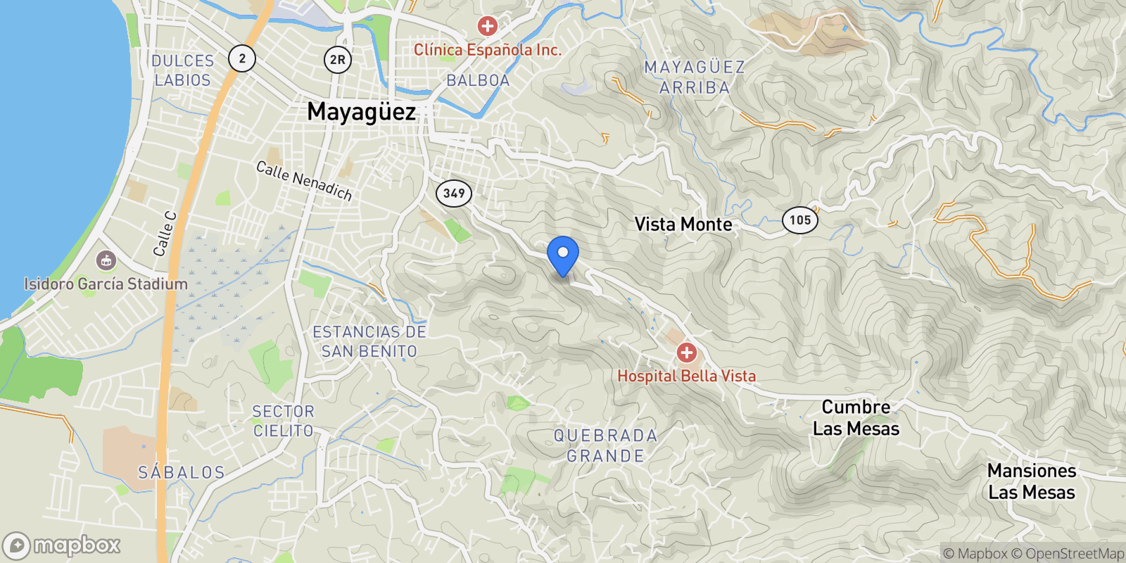 Map showing Mayaguez CARR 349 Km 1.01, Quebrada Grande, Mayagüez, Puerto Rico.