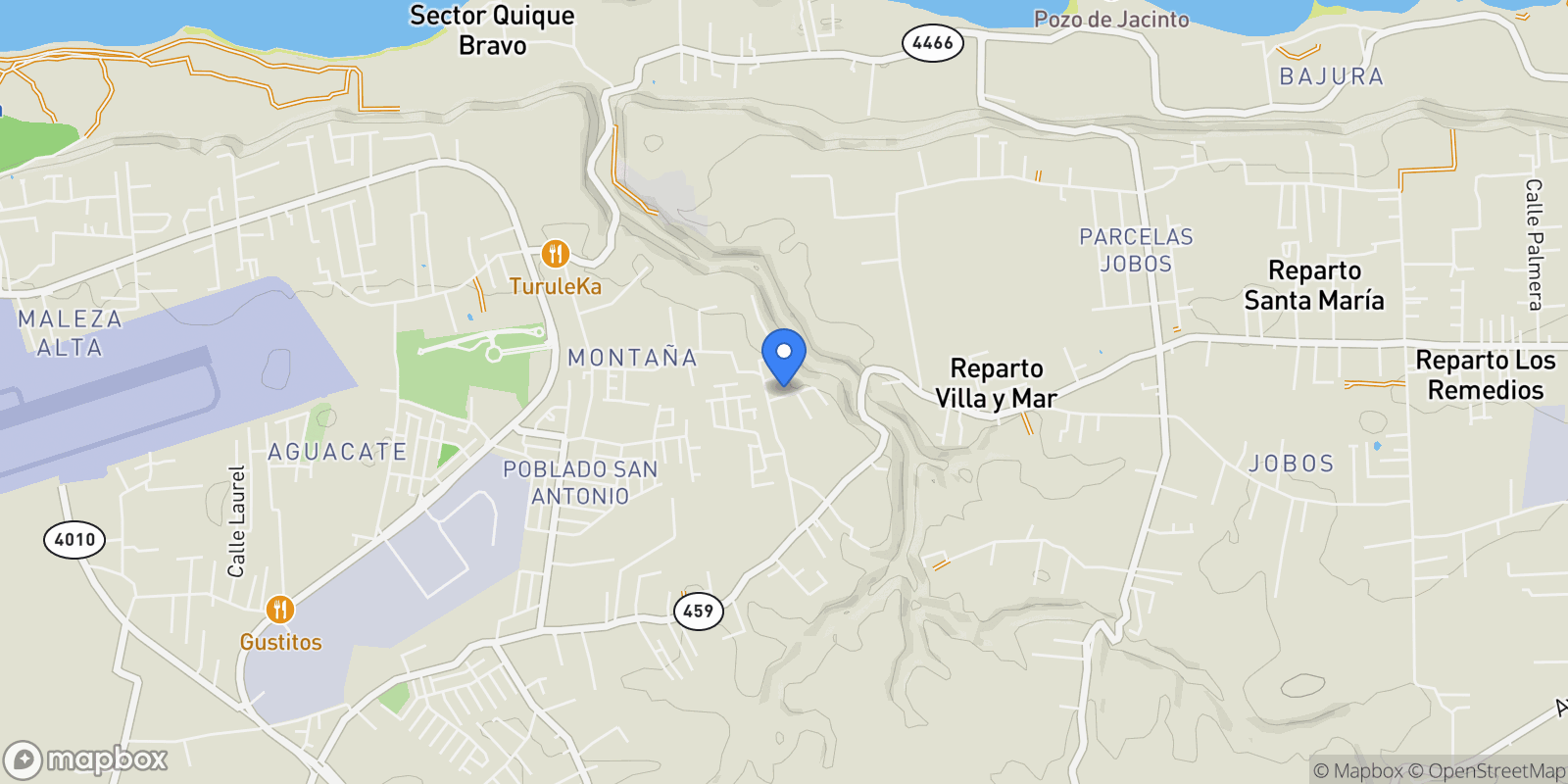Map showing Aguadilla KM 9.8 Carr 459, Montaña, Aguadilla, Puerto Rico.