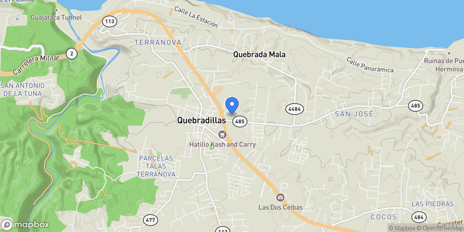 Map showing Quebradillas CARR 2 Carr 485, Quebradillas, Quebradillas, Puerto Rico.