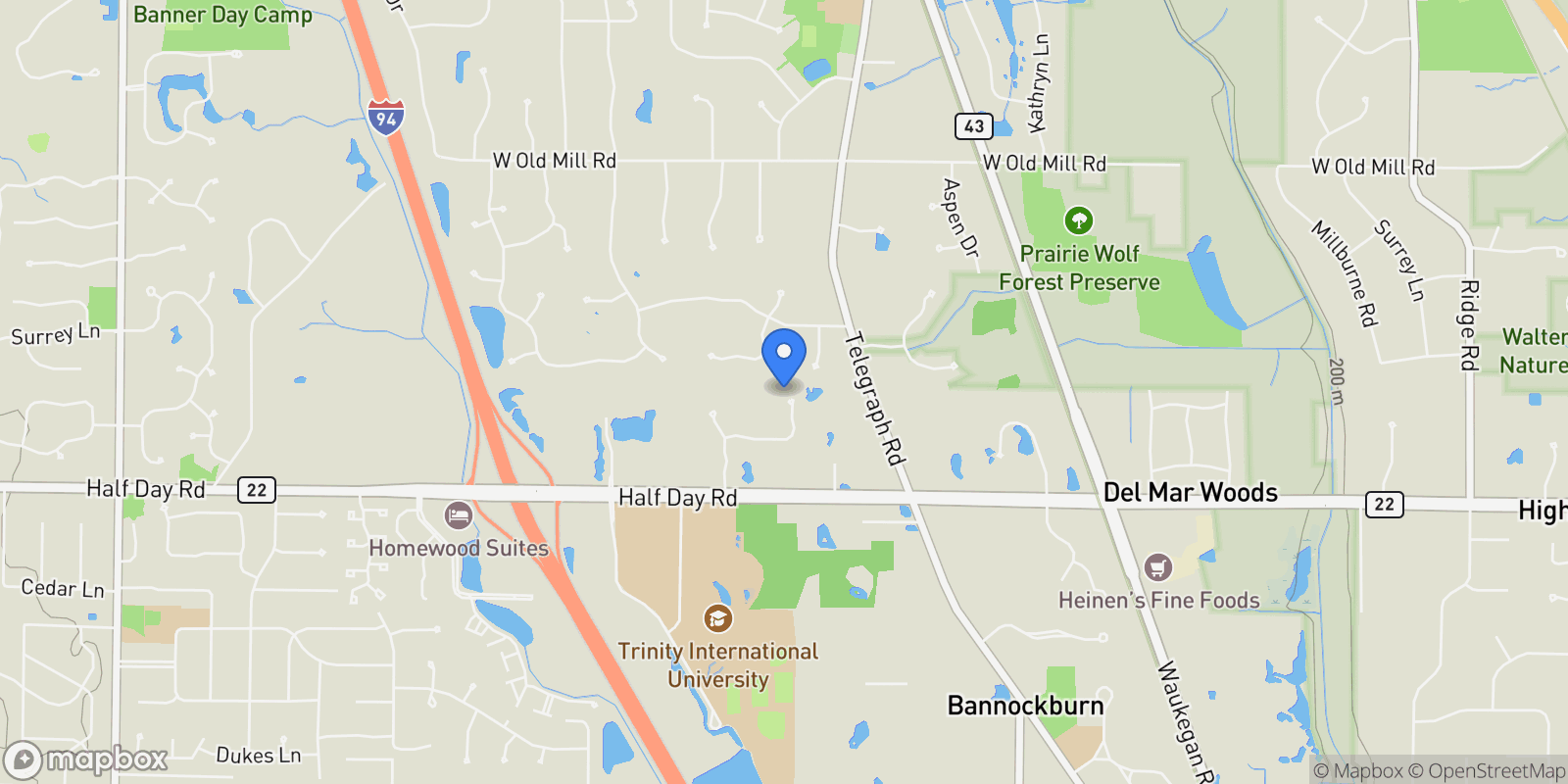 Map showing 11 Lakewood Drive, Bannockburn, IL 60015, Riverwoods, Illinois, United States.