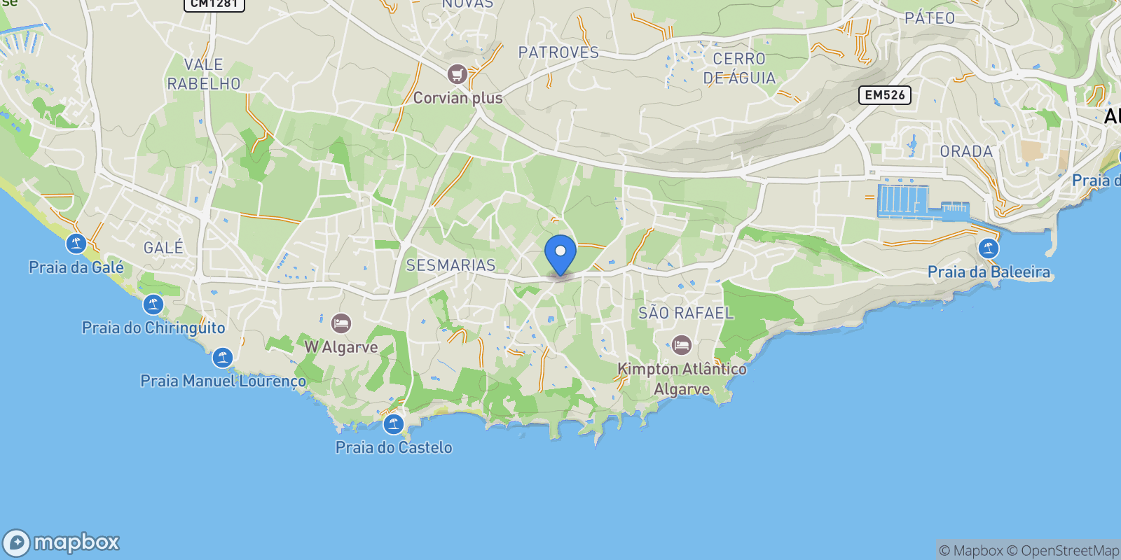 Map showing Olhos de Agua, Algarve, Portugal.