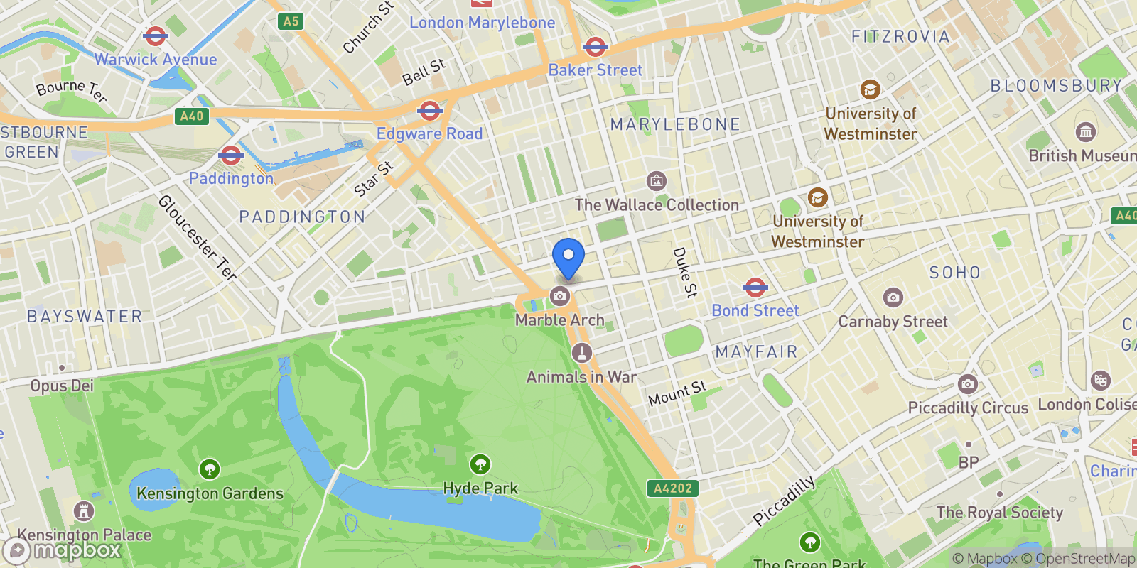 Map showing Marble Arch Underground Station Underground Ltd, Oxford St, London W1C 1CX, UK, London, England, United Kingdom.