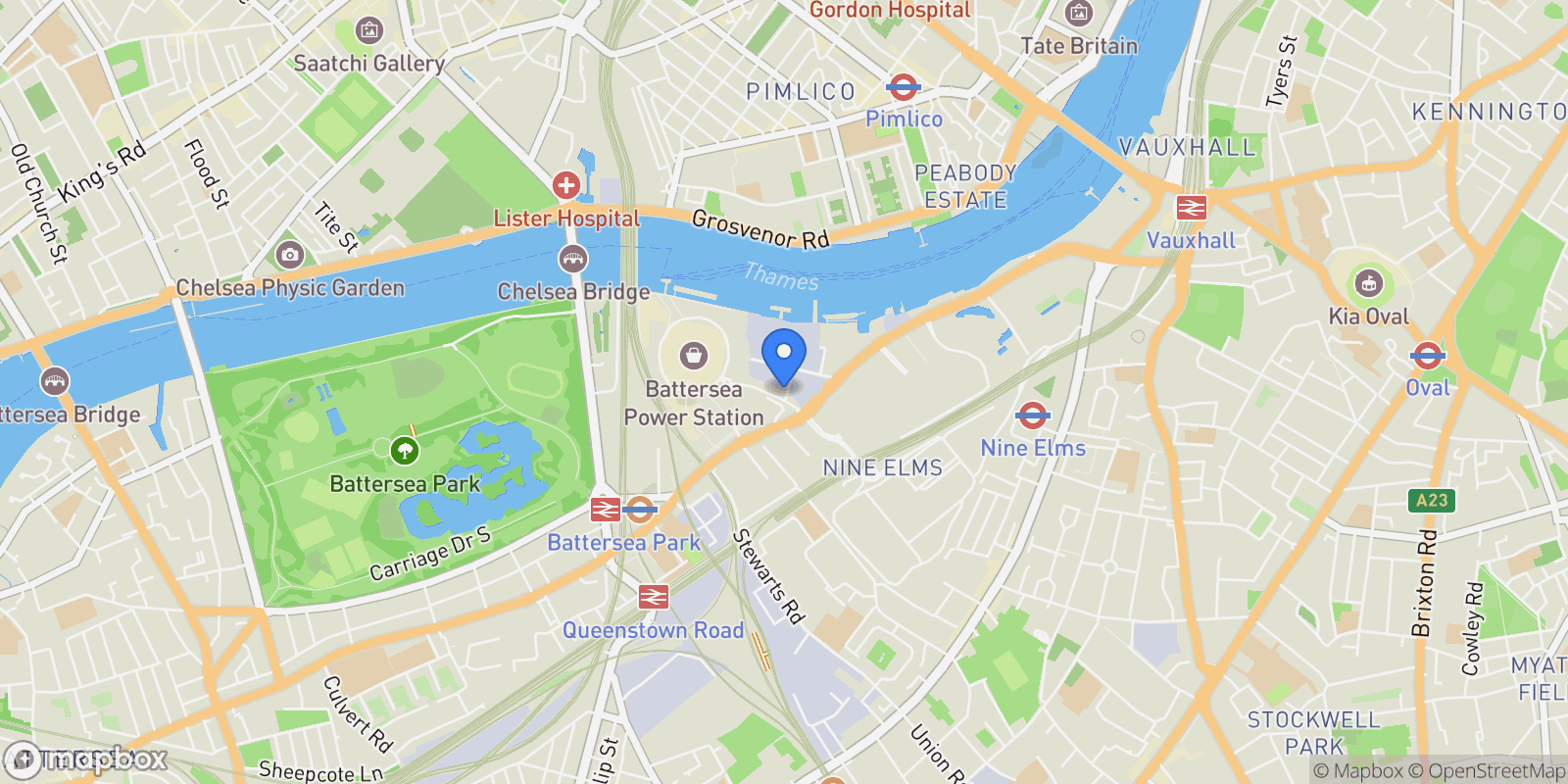 Map showing Battersea Power Station, Kirtling St, Nine Elms, London SW11 8BU, UK, London, England, United Kingdom.