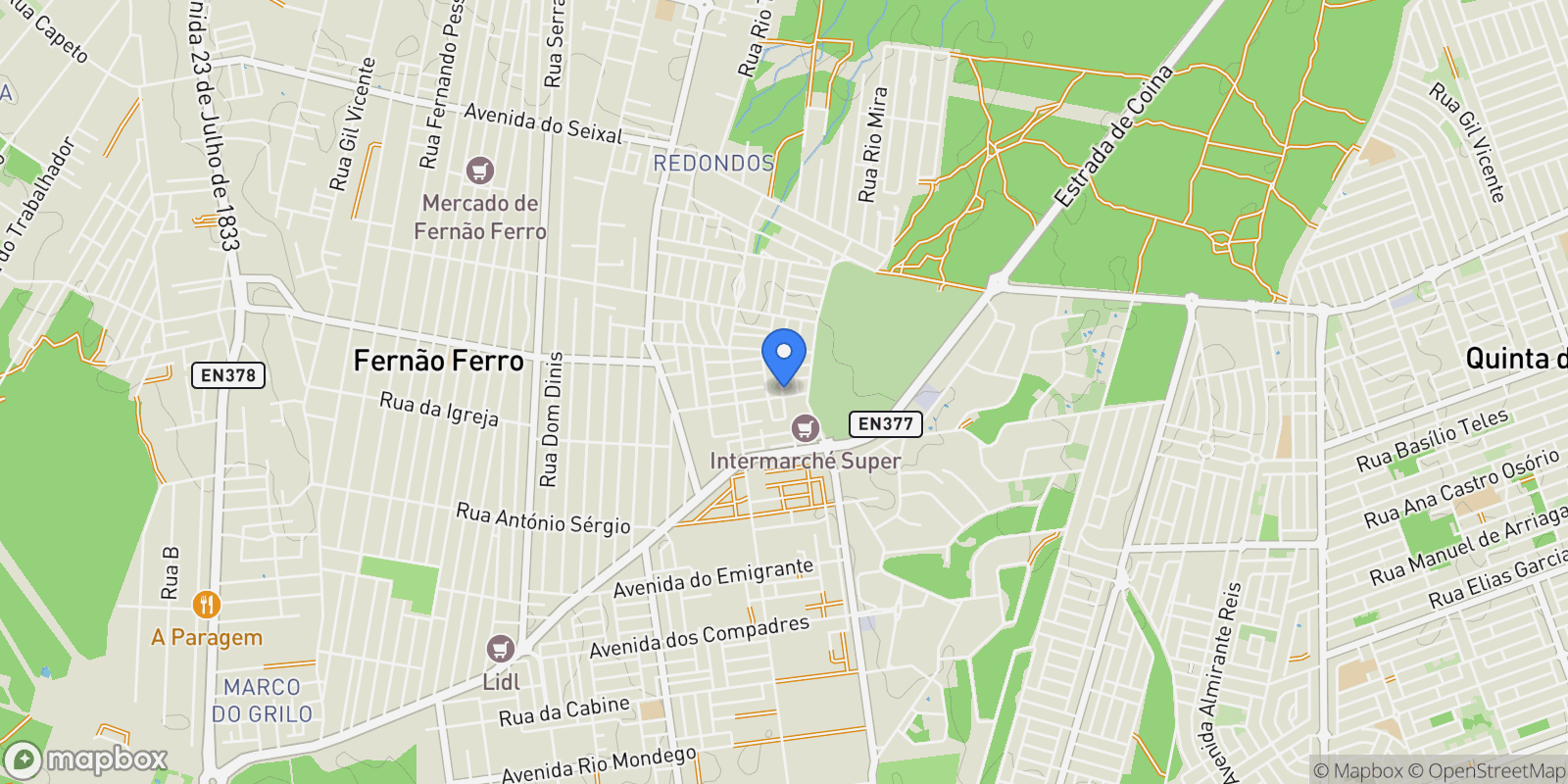 Map showing Fernão Ferro, Seixal, Setúbal, Seixal, Fernao Ferro, Setubal, Portugal.